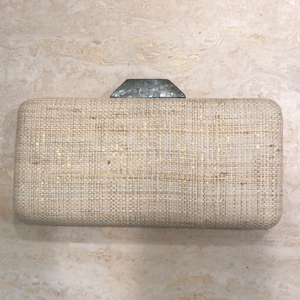 Grasscloth clutch with gold accents